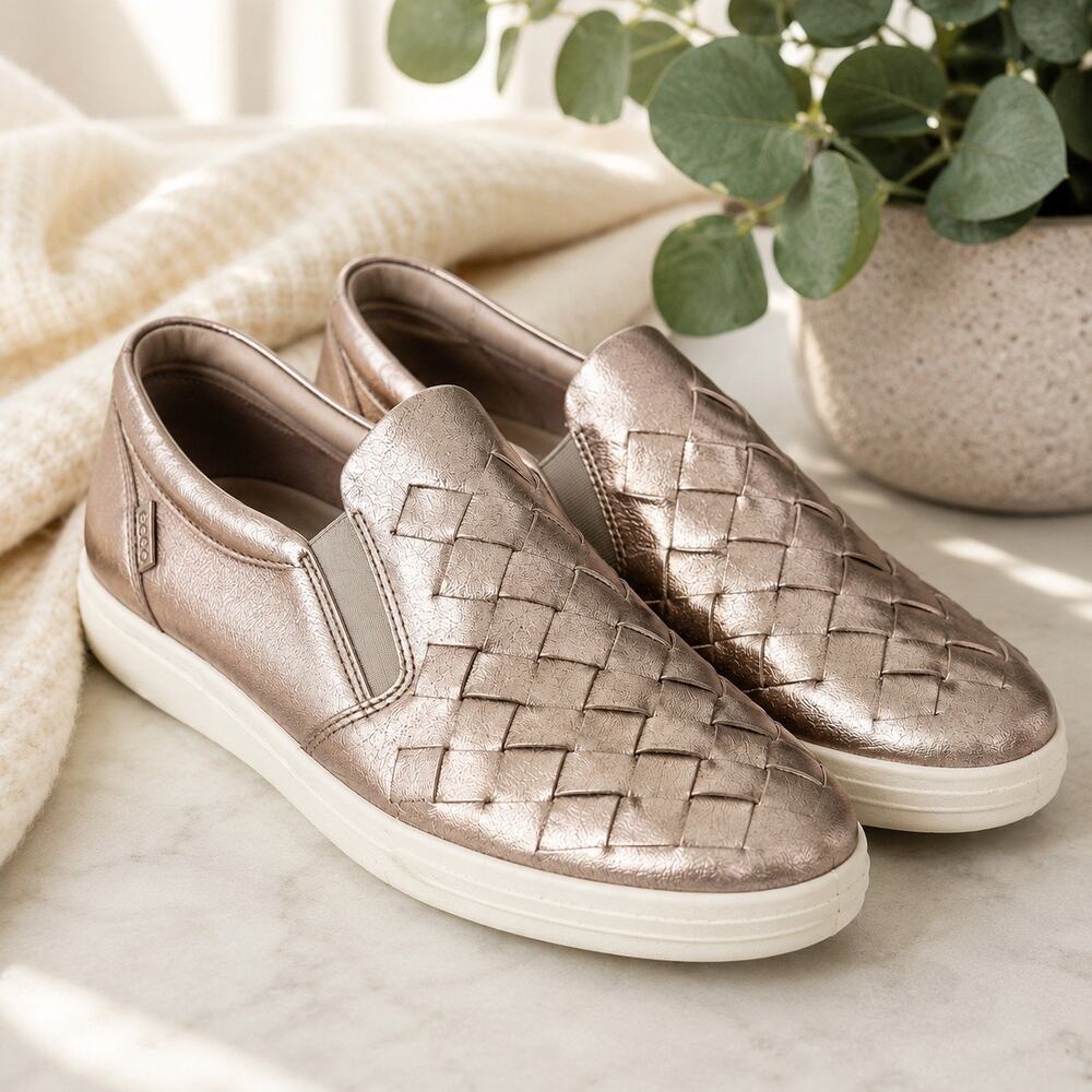 ECCO Soft 7 Woven Metallic Rose Gold Leather Slip On Sneakers EU 42 US 11 - Picture 7 of 7